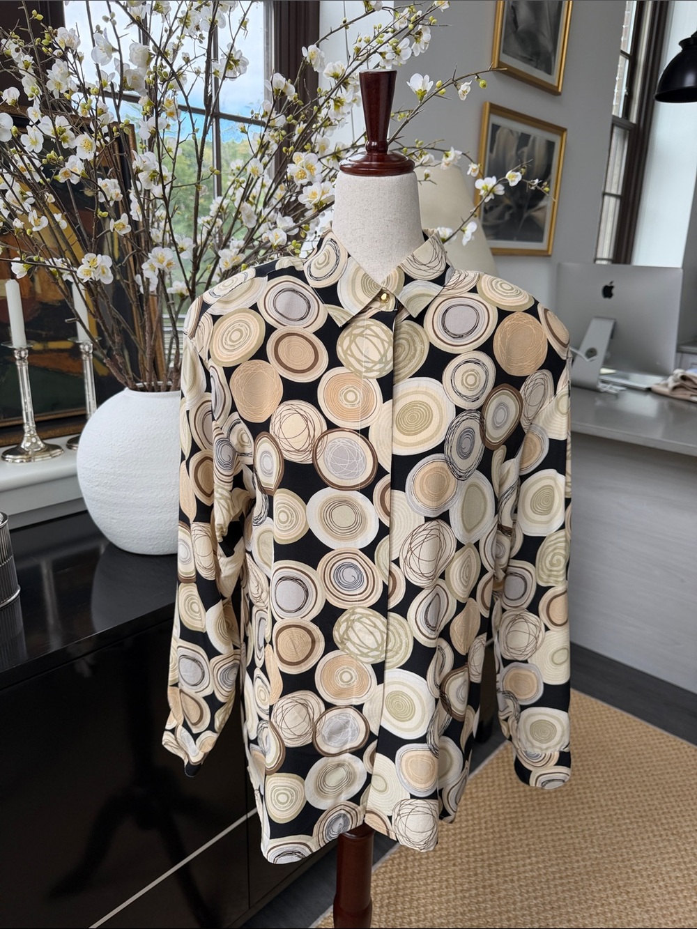 Maggy London Black and Beige Circular Print Silk Blouse Size 10